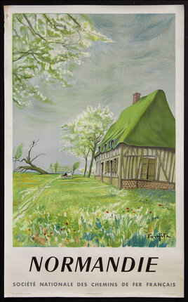 a poster of a cottage in a field with a cow and trees and with flowers in the grass in the foreground