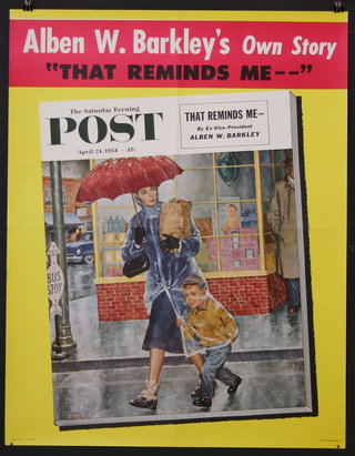 a poster of a woman and a boy walking under an umbrella