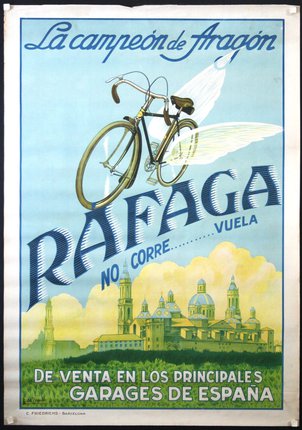 a poster with a bicycle flying over a city