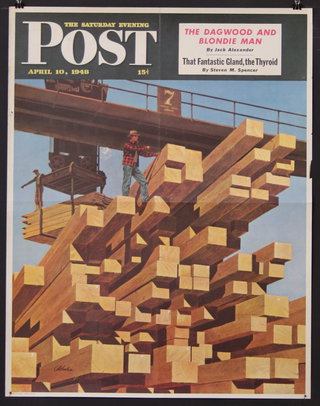 a magazine cover with a man on top of a stack of wood