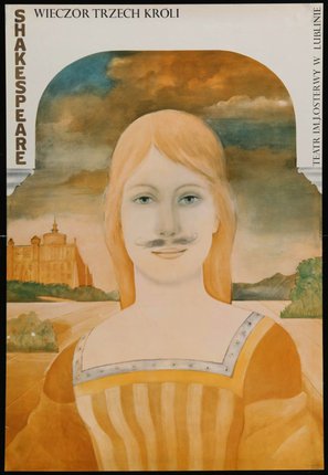 a poster of a woman with a mustache