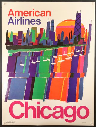 a colorful poster with a city skyline