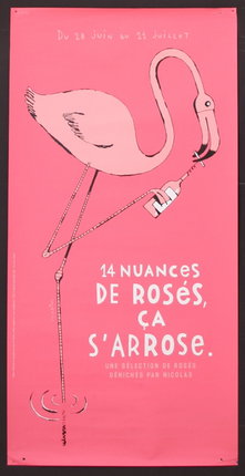 a pink poster with a flamingo and a bottle of wine