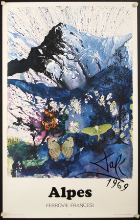 a painting of butterflies and mountains