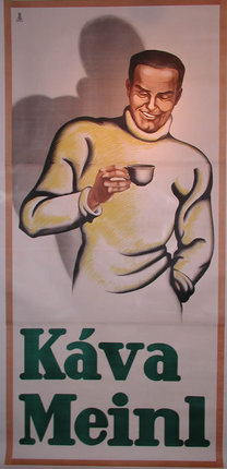 a poster of a man holding a cup