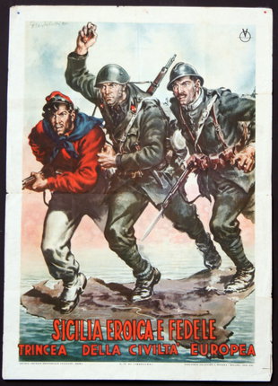 a poster of soldiers running on a rock