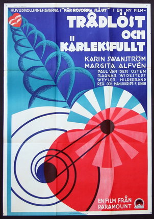a poster with a red blue and white design