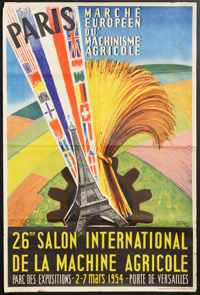 a poster with a tower and a colorful flag