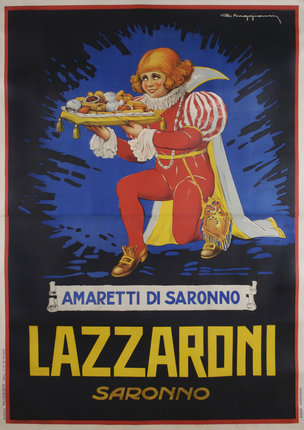 a poster of a person holding a tray of food