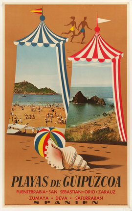 a poster of a beach with tents and a shell