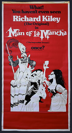 a red and white poster with a man of la mancha