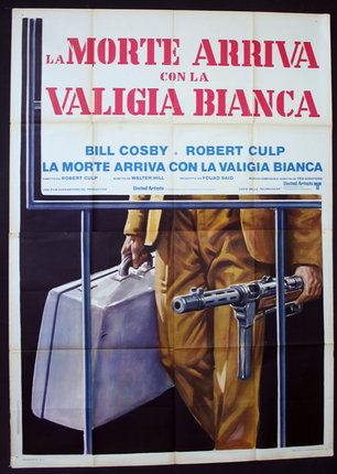 a poster of a man holding a briefcase and a gun