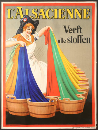 a poster of a woman holding colored fabric