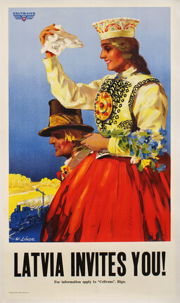 Colourful poster of a lady and man in traditional costume wearing hats, the lady holding flowers and waving a cloth as a steam train passes by a signal point in the countryside with the Celtrans logo above (the State Railways travel and tourism office). Text below.