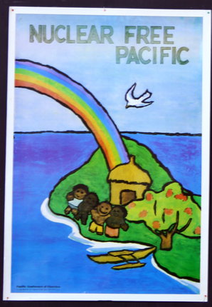 a poster with a rainbow and a bird