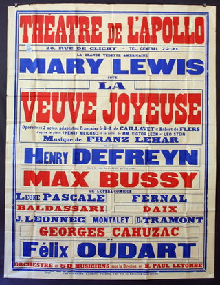 a poster with red and blue text