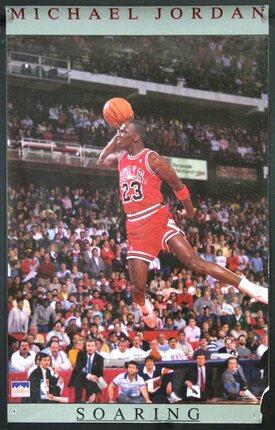 a basketball player in mid air with a ball in front of a crowd
