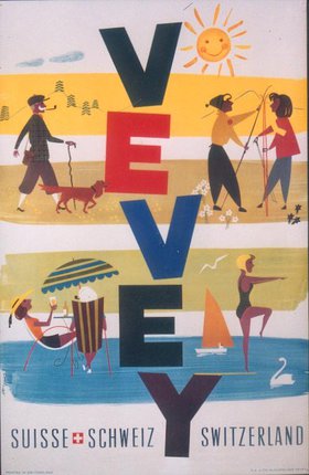 a colorful poster with people walking on the beach