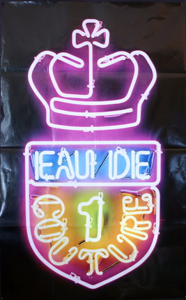 a neon sign with a crown and numbers
