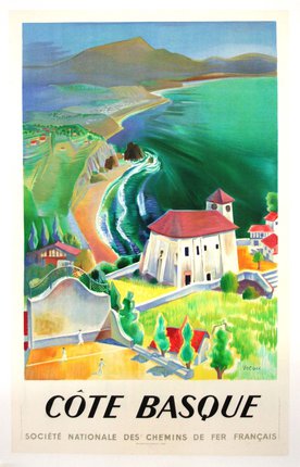 a poster of a town by the sea