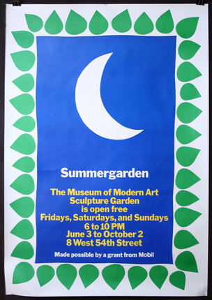 a blue and white poster with a moon and green leaves