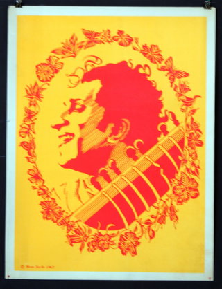 a red and yellow poster with a man's face