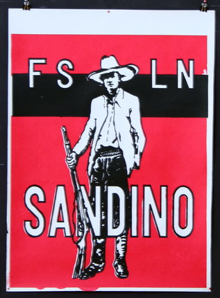 a red and black sign with a man holding a gun