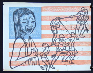 a drawing of a woman with a flag behind her