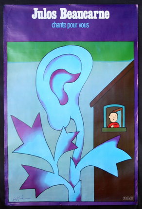 a poster with a cartoon of a ear and a person looking out of a window