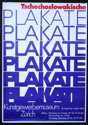 a poster with blue and white text