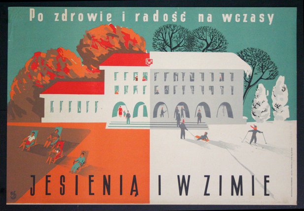 a poster with a building and people