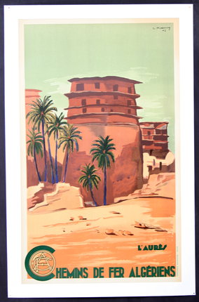 a poster of a desert landscape with palm trees