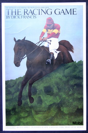 a horse racing poster with jockey riding a horse