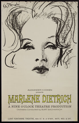 Theater poster with a charcoal drawing of Marlene Dietrich's face.