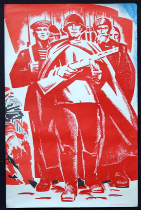 a red and white poster with a man holding a gun