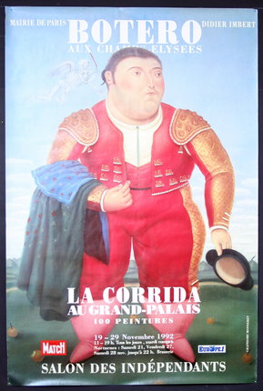 a poster of a man in a red suit