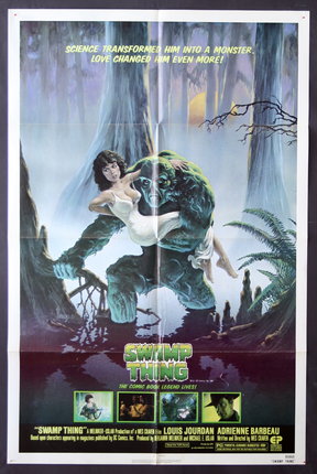 a movie poster of a giant creature in the swamp carrying a woman in a night slip