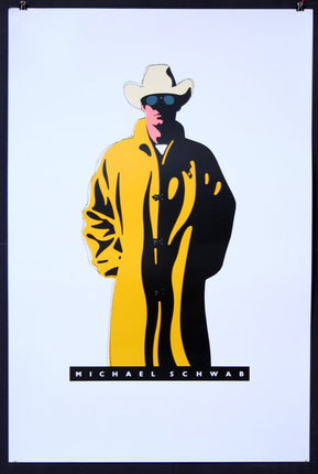 a poster of a man wearing a hat and a yellow coat