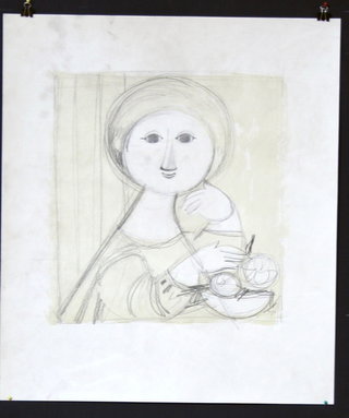 a drawing of a woman holding a bowl of fruit