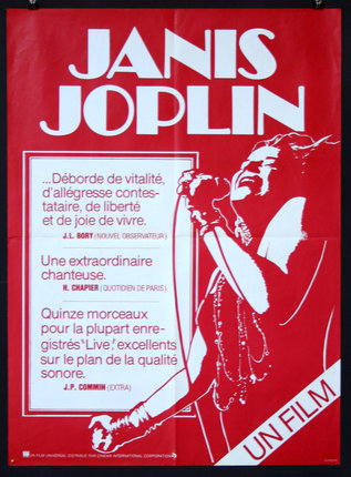 a red and white poster with a man singing