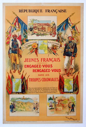 a poster with a picture of soldiers and flags