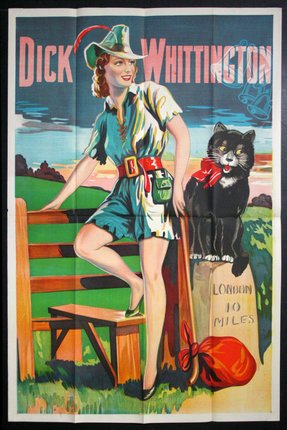 a poster of a woman carrying a bindle and a tuxedo cat