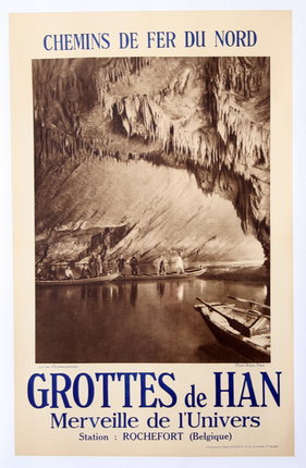a poster of a cave with a boat