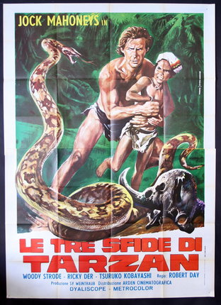 a poster of a man holding a child and a snake