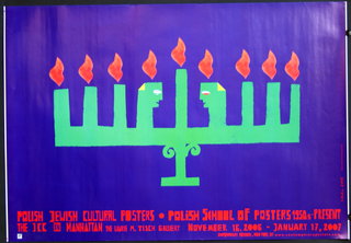 a poster with a group of menorah with a couple of heads and flames