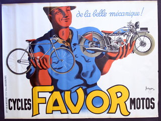 a poster of a man holding two bicycles