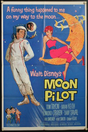 a movie poster with a man in a space suit and a woman in a pink dress