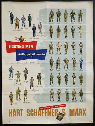 WWII poster with illustrations of various Allied soldiers in their uniforms.