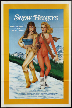 a poster of two women in transparent clothes on a ski slope