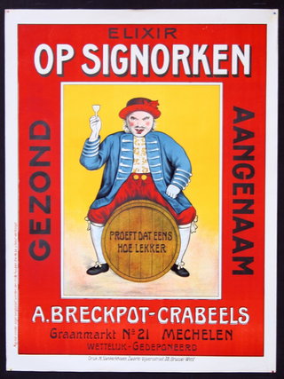 a red and yellow poster with a man straddling a barrel with a delicate glass in his hand